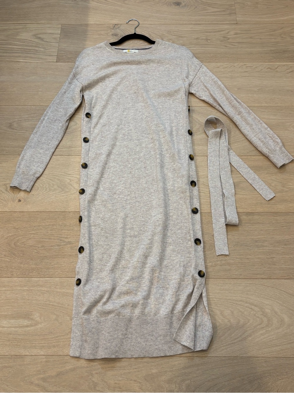 Boden Beige Knit Long Sleeve Midi Dress with Side Buttons and Belt Sz 4